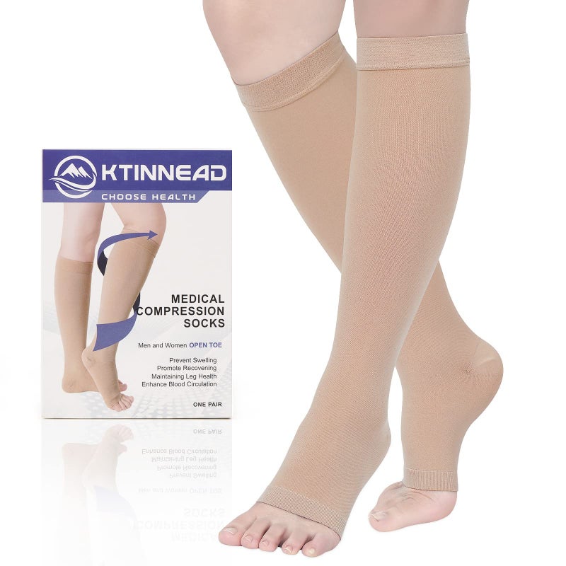 Ktinnead Compression Socks for Women and men 2030 mmhg Knee High Graduated Compression Stockings Opaque Open Toe Unisex Beige XLarge
